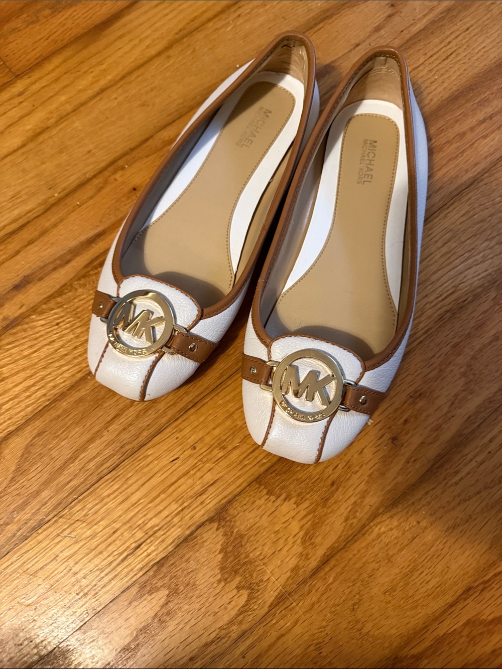 Michael Kors White and Brown Leather Logo Round-Toe Flats